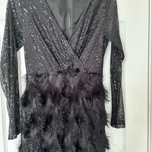 Elegant Black Sequin and Feather Dress